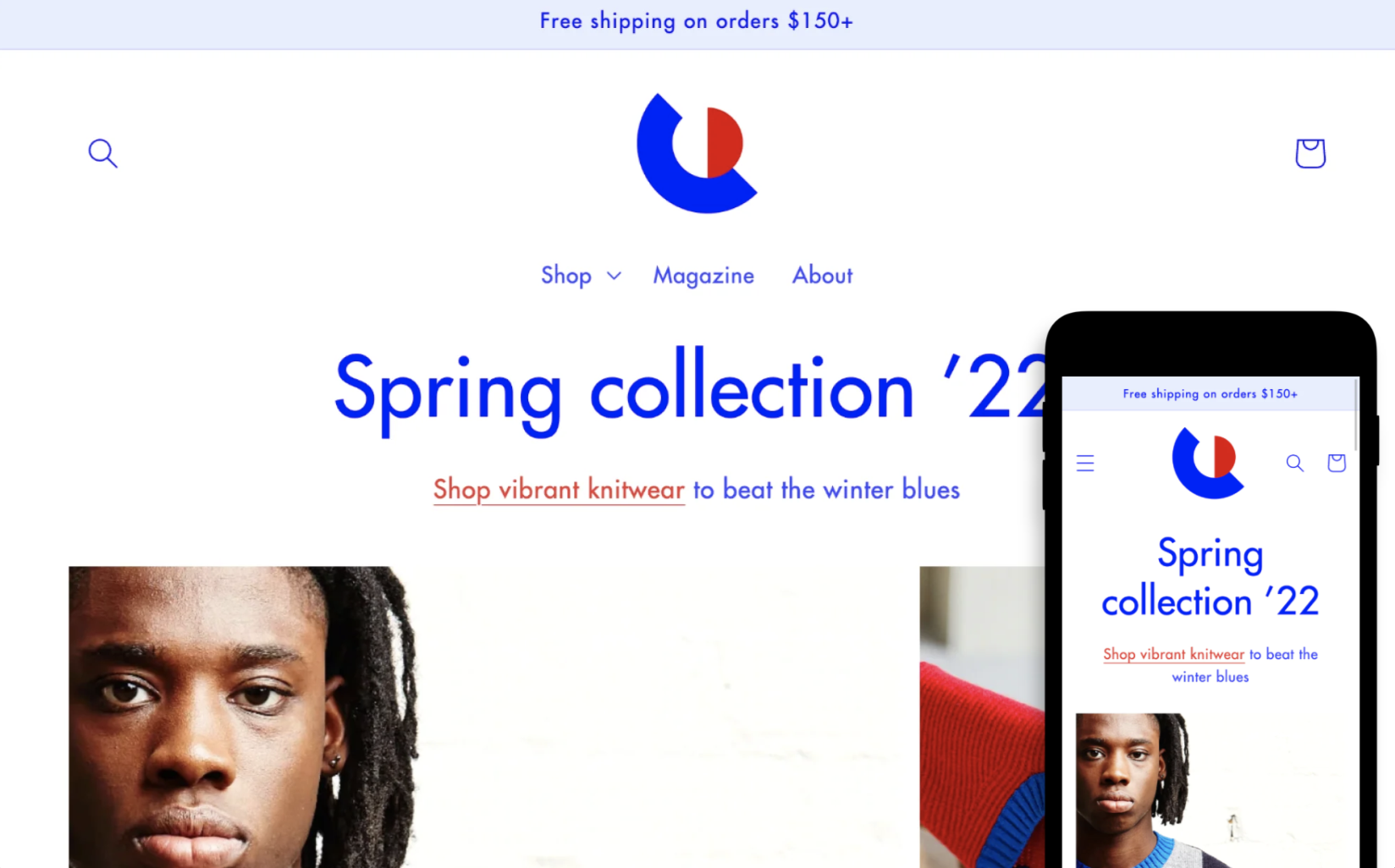 Screenshot of the desktop and mobile versions of a website using Colorblock theme which is one of the free shopify themes for clothing.
